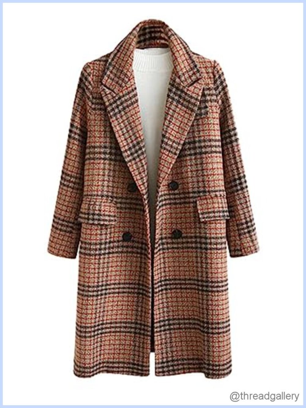 Oversize Lapel Collar Woolen Plaid Double Breasted Long Peacoat Jacket